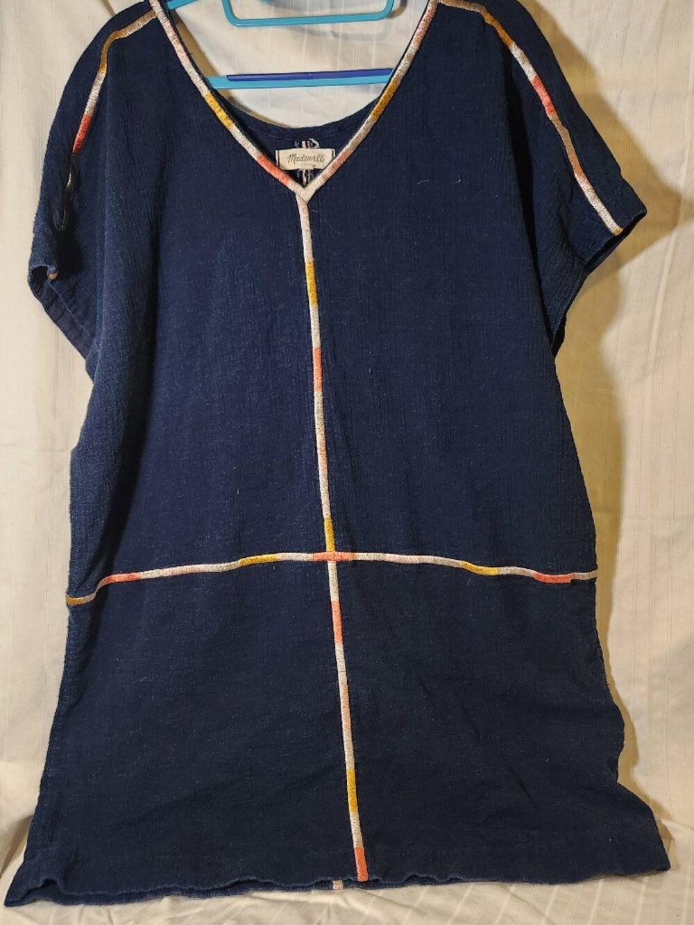 Madewell Embroidered Easy Dress Navy Blue Cotton Gauze V-Neck Tunic Size M
